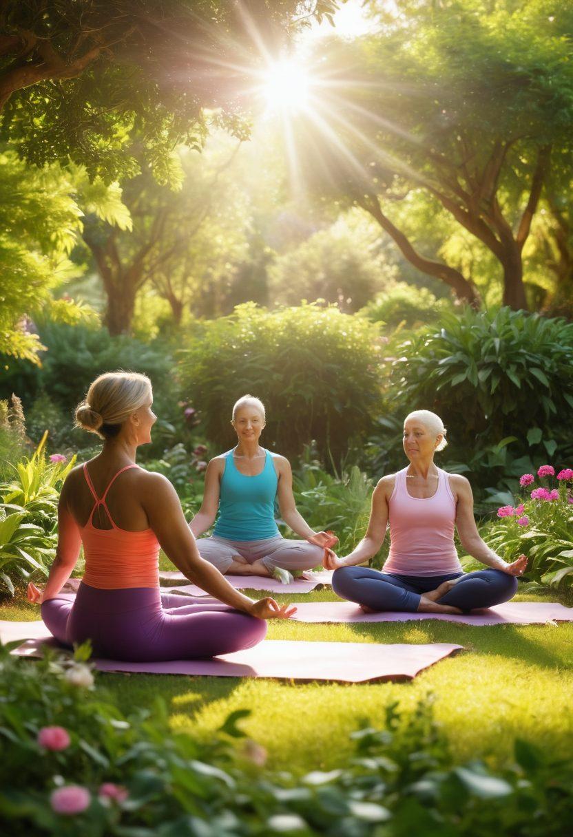 A serene and uplifting scene depicting a diverse group of cancer survivors engaging in various wellness activities such as yoga, meditation, and healthy cooking in a lush garden setting. Include uplifting visuals of vibrant plants and flowers, symbolizing hope and rejuvenation. Capture warm sunlight filtering through the leaves, highlighting the joy of living healthy. super-realistic. vibrant colors. soft focus.