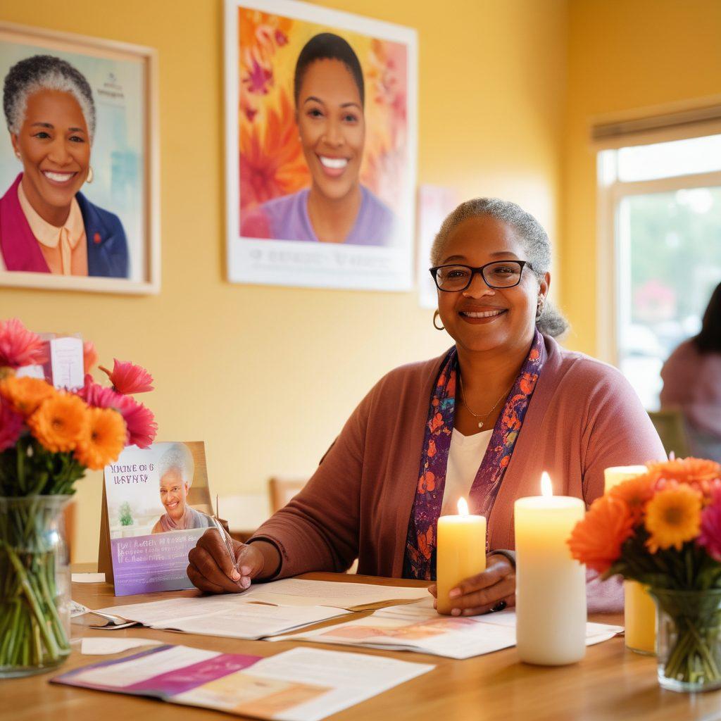 A warm and inviting scene featuring diverse cancer survivors sharing their stories in a sunlit community center. Include images of hope: candles, vibrant flowers, and supportive hands. Surround them with essential resources like pamphlets and a bulletin board with community events. Showcase unity and resilience with a backdrop of uplifting colors. soft-focus, vibrant colors, illustration.